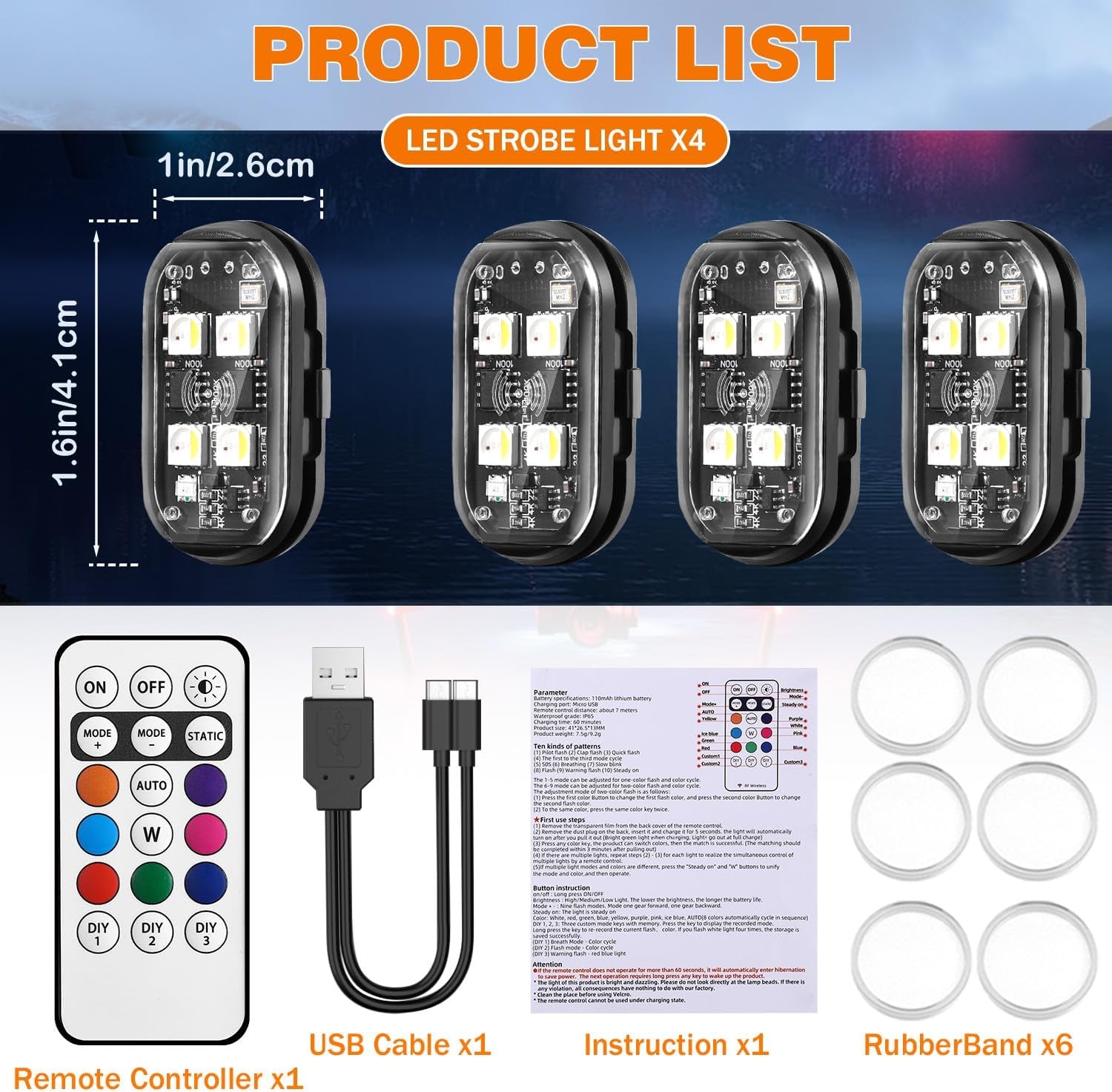 NEW 4-LED Version Wireless LED Strobe Lights with Remote Control, Halloween Wireless LED Lights for Car, Waterproof Anti-Collision Type-C Charing Emergency Warning Light for Car Drone Bike Aircraft