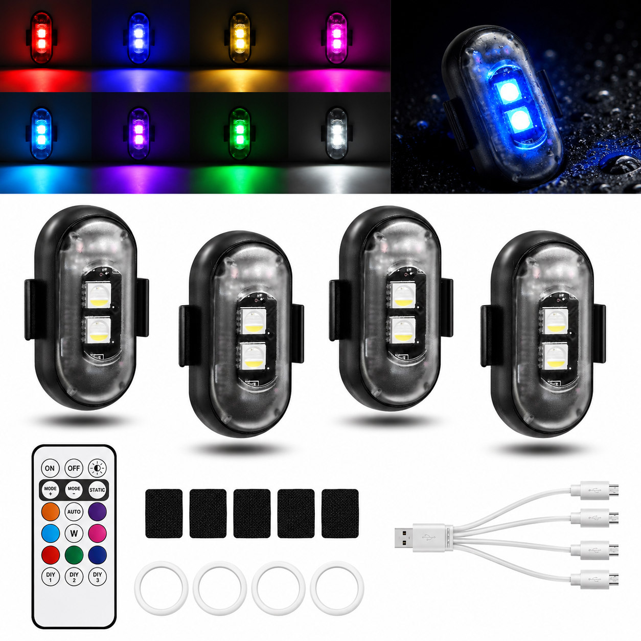 NEW 4-LED Version Wireless LED Strobe Lights with Remote Control, Halloween Wireless LED Lights for Car, Waterproof Anti-Collision Type-C Charing Emergency Warning Light for Car Drone Bike Aircraft