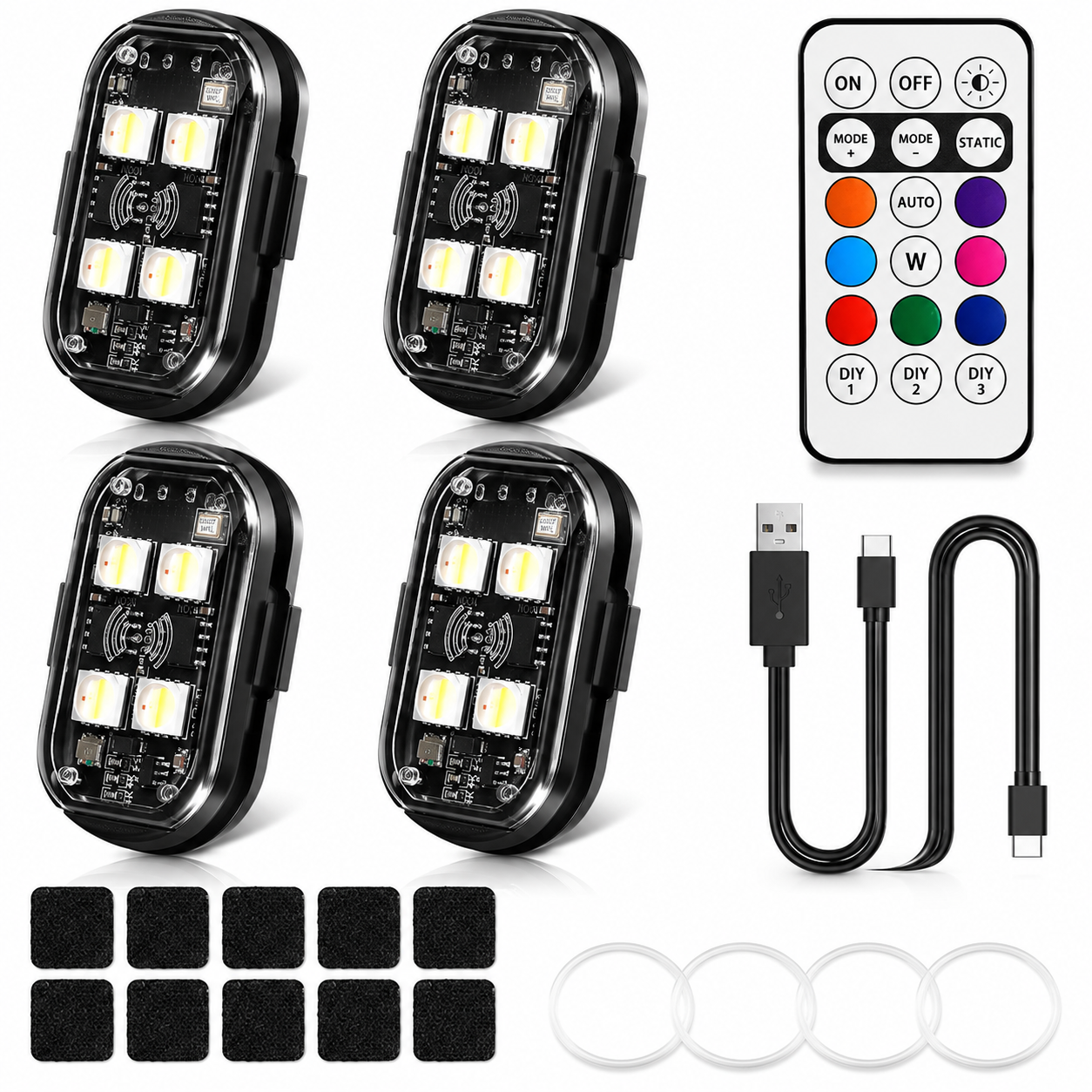 NEW 4-LED Version Wireless LED Strobe Lights with Remote Control, Halloween Wireless LED Lights for Car, Waterproof Anti-Collision Type-C Charing Emergency Warning Light for Car Drone Bike Aircraft