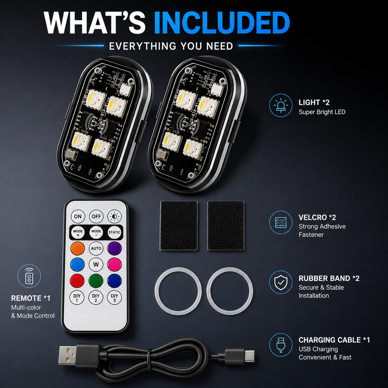 NEW 4-LED Version Wireless LED Strobe Lights with Remote Control, Halloween Wireless LED Lights for Car, Waterproof Anti-Collision Type-C Charing Emergency Warning Light for Car Drone Bike Aircraft