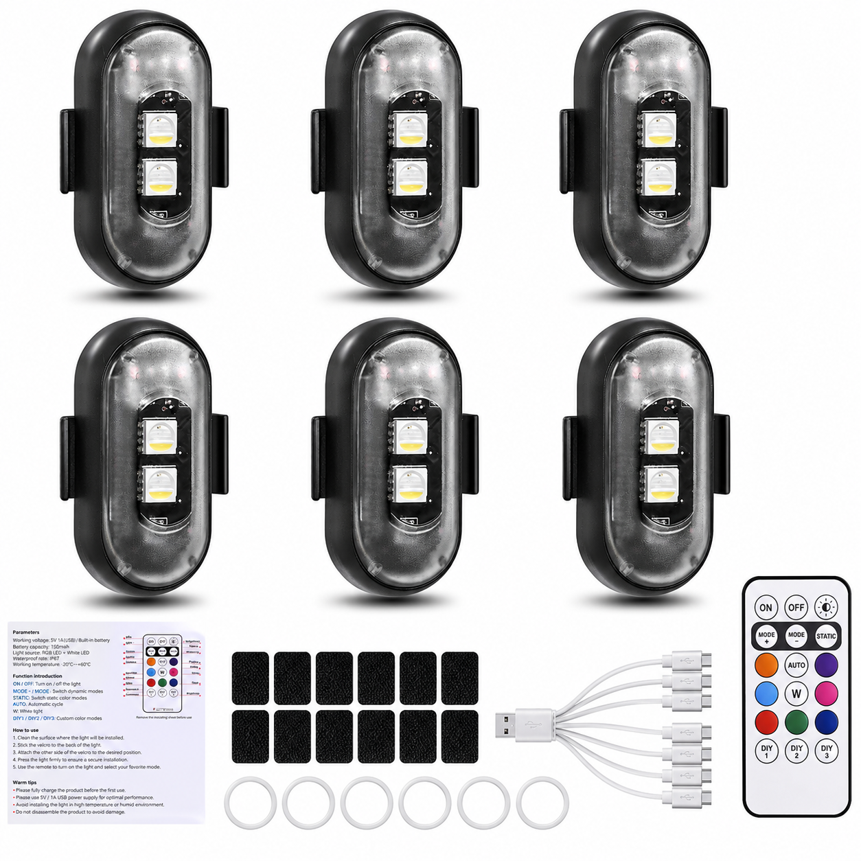 NEW 4-LED Version Wireless LED Strobe Lights with Remote Control, Halloween Wireless LED Lights for Car, Waterproof Anti-Collision Type-C Charing Emergency Warning Light for Car Drone Bike Aircraft
