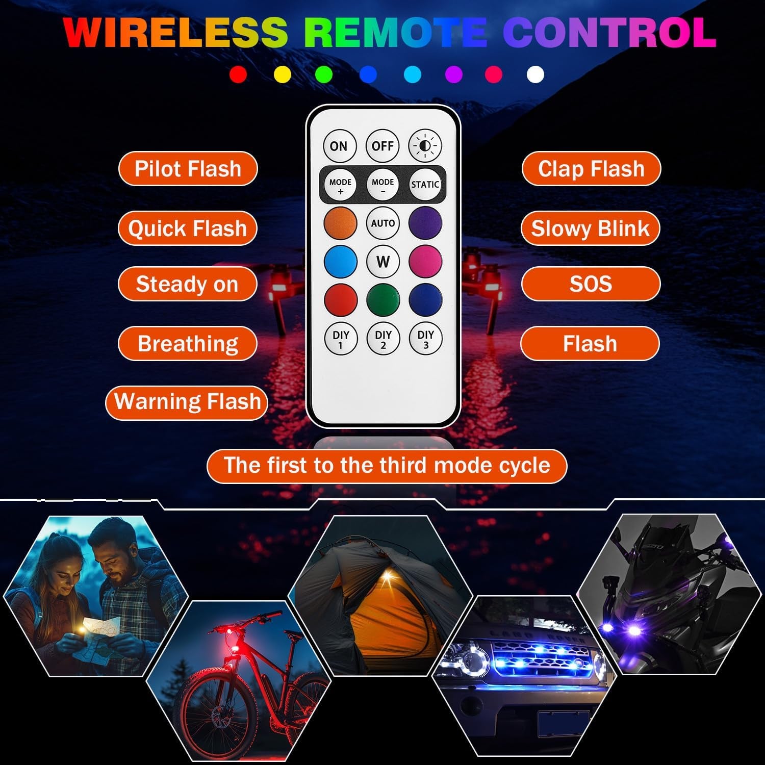 NEW 4-LED Version Wireless LED Strobe Lights with Remote Control, Halloween Wireless LED Lights for Car, Waterproof Anti-Collision Type-C Charing Emergency Warning Light for Car Drone Bike Aircraft