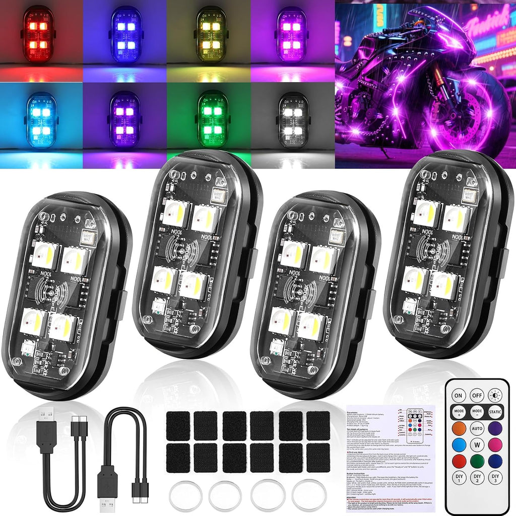 NEW 4-LED Version Wireless LED Strobe Lights with Remote Control, Halloween Wireless LED Lights for Car, Waterproof Anti-Collision Type-C Charing Emergency Warning Light for Car Drone Bike Aircraft