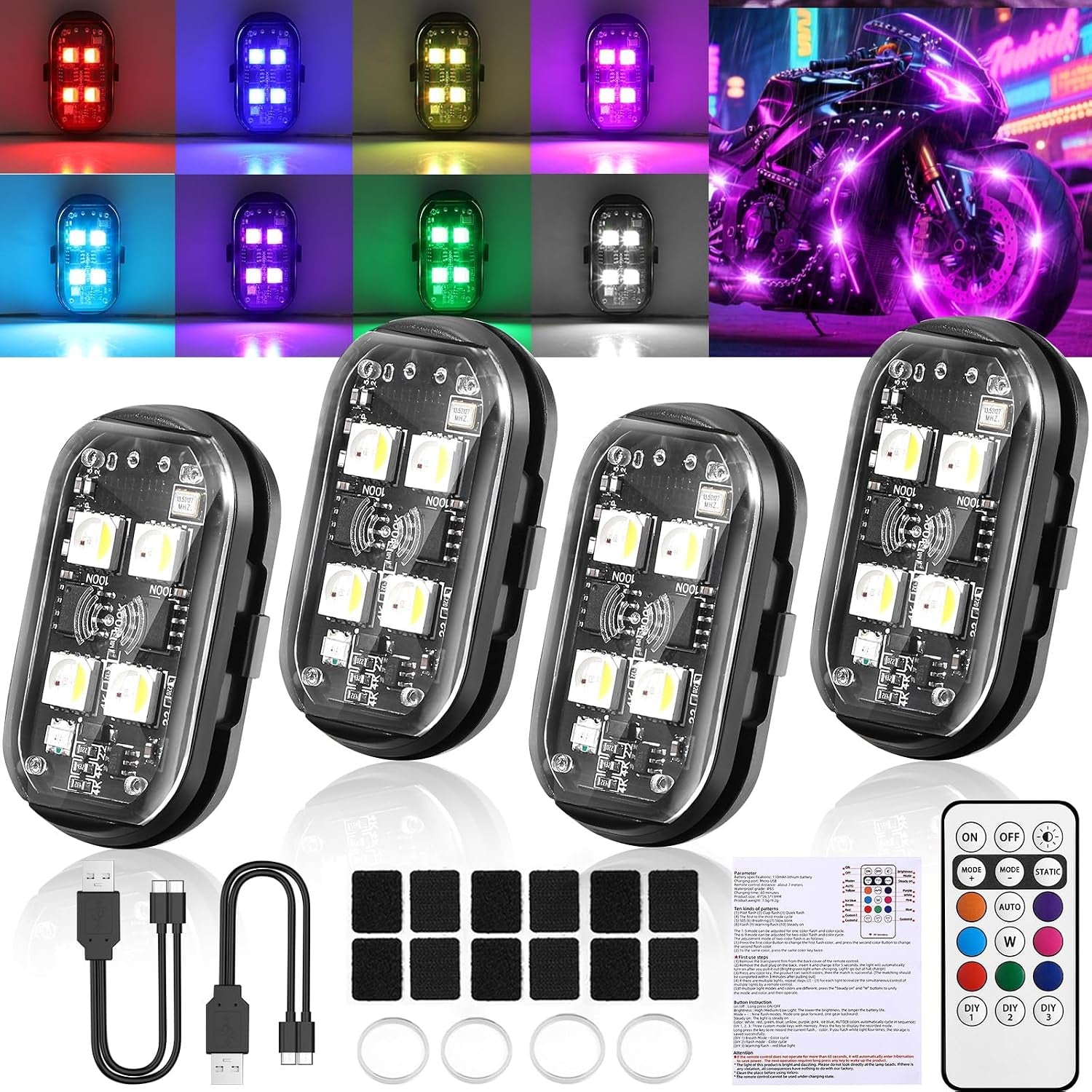 NEW 4-LED Version Wireless LED Strobe Lights with Remote Control, Halloween Wireless LED Lights for Car, Waterproof Anti-Collision Type-C Charing Emergency Warning Light for Car Drone Bike Aircraft