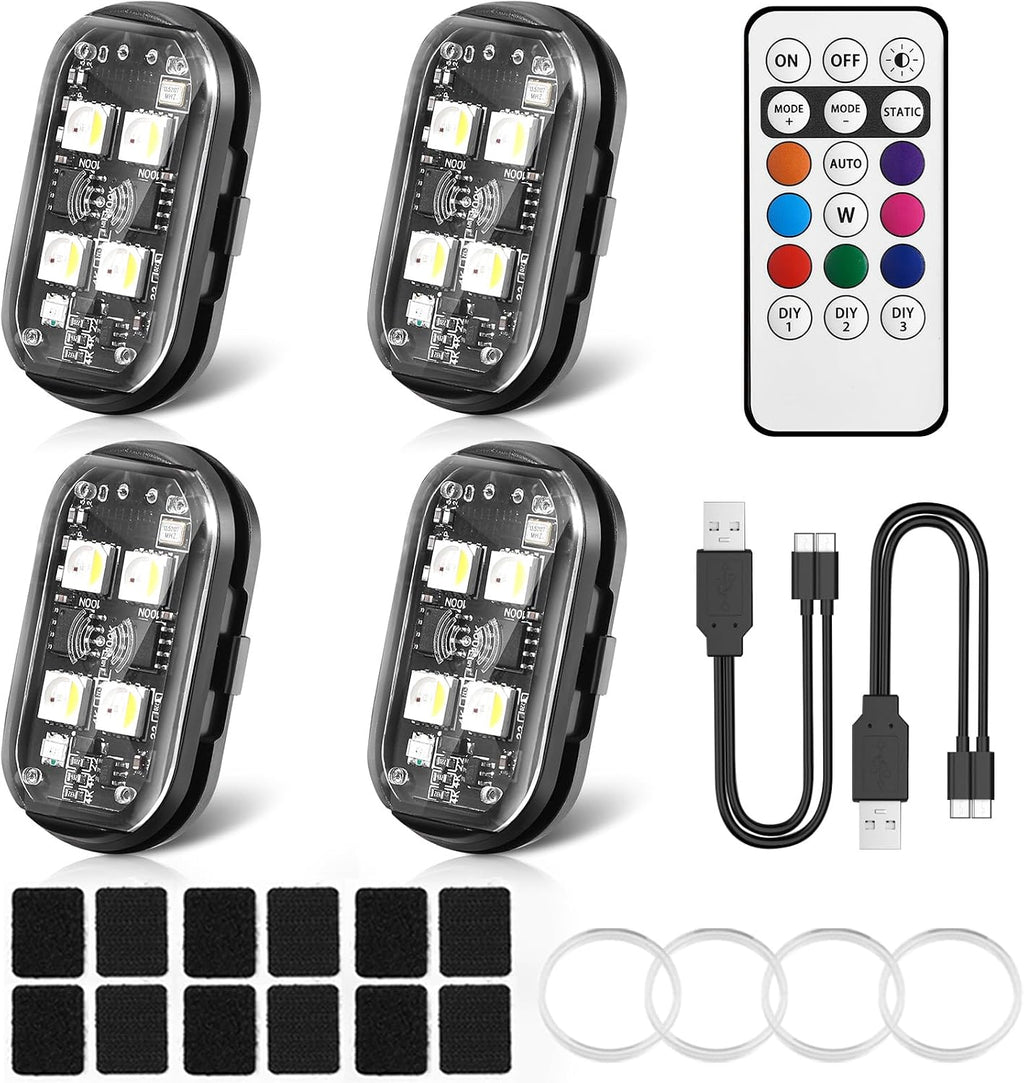 NEW 4-LED Version Wireless LED Strobe Lights with Remote Control, Halloween Wireless LED Lights for Car, Waterproof Anti-Collision Type-C Charing Emergency Warning Light for Car Drone Bike Aircraft