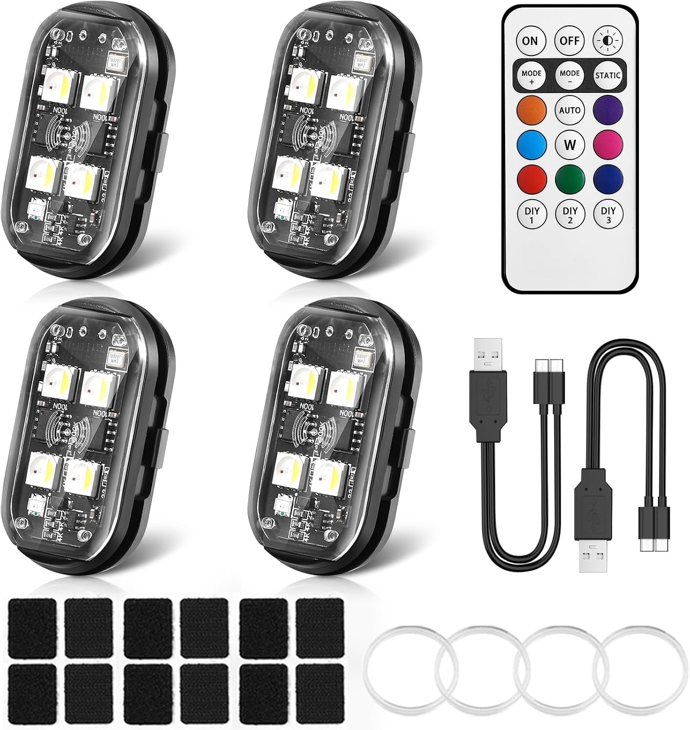 NEW 4-LED Version Wireless LED Strobe Lights with Remote Control, Halloween Wireless LED Lights for Car, Waterproof Anti-Collision Type-C Charing Emergency Warning Light for Car Drone Bike Aircraft